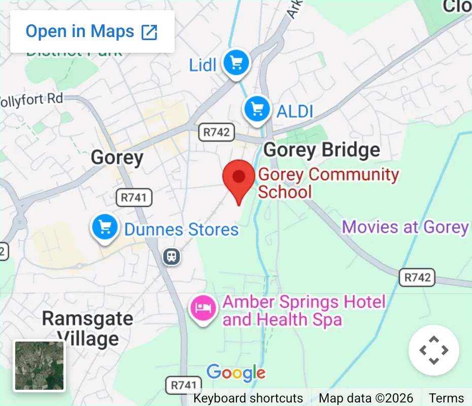 Map of Gorey showing Gorey Community School, with Gorey Bridge to the north and Amber Springs Hotel to the south